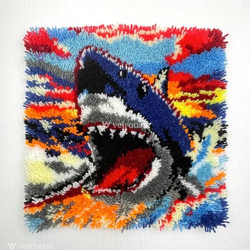 Image of veirousa Shark Latch Hook Kits for Adults, Beginners DIY Hooked Throw Pillow Kit Pre-Printed Pillowcase Hook and Latch Rug Kits Cross-Stitch Cushion Cover for Home Sofa Decoration 17x17 inch