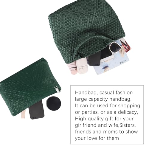 Image of Women's Vegan Leather Tote Bag - Handmade Woven Beach Bag, Travel Handbag with Purse & Top Handle Hobo Tote(Dark Green)