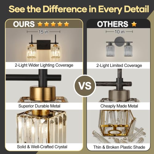 Image of Torondo Modern Crystal Bathroom Vanity Light 2-Lights Gold Bathroom Light Fixtures Over Mirror Black and Gold Vanity Lighting Fixtures Gold Square Shade Brass Wall Sconce (Bulbs Not Include)