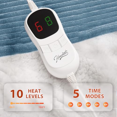 Image of Homemate Heated Blanket Electric Throw - 50 inchx60 inch Heating Blanket Throw 1 /2 /4 /6 /8 Hours Auto-Off 10 Heat Levels Over-Heat Protection Soft Flannel Sherpa ETL Certification