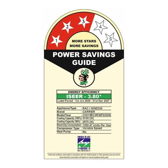 Image of Carrier ESTRELLA GXi 1.5 Ton 3 Star Window Inverter AC with Dust Filter, Auto Restart, Turbo /Sleep /Dry Mode | 100% Copper Condenser | Energy Efficient, Cools Even at 52C (CIW19EC3R36F0, White)