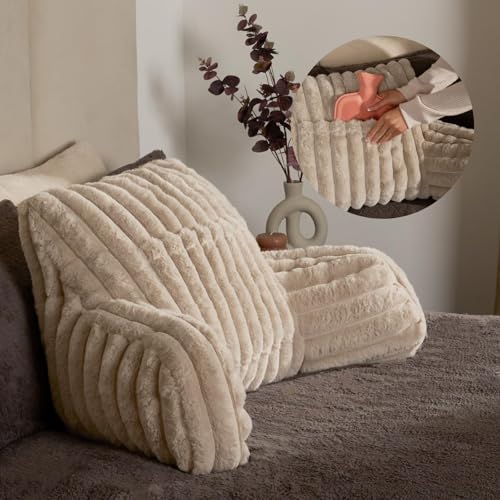 OHS Cuddle Cushion Gifts for Women Men Ribbed Faux Fur Reading Pillow Sofy Cosy Gaming Cushion with Heatable Pocket Support Pillow with Arms Bed Cushions for Relaxing Comfy Natural
