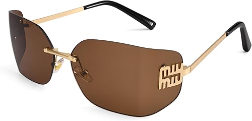 Dollger Gafas de sol Y2K sin montura para mujer, estilo retro, a la moda, envolvente, con marco de escudo de diseñador de los años 90, gafas de moda