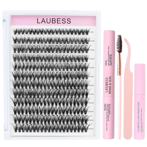 Image of Lash Extension Kit LAUBESS Lash Clusters Kit Cluster Eyelash Extensions Kit Eyelash Clusters Lash Bond and Seal Waterproof Tweezers Brush Lash Glue Remover (Kit 40D-C-Mix8-14)