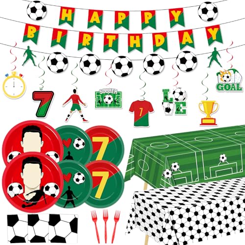 124Pcs Soccer Party Decoration Red and Green Soccer Star Paper Plates Napkins sports Tablecloths Happy Birthday Banner Party Dinnerware for home Birthday Party Supplies Favor