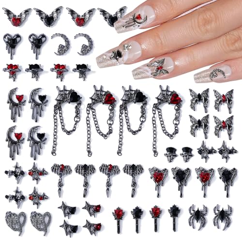 Kikonoke 52 Pieces Halloween Nail Charms 3D Spider Moon Heart Butterfly Chain Nail Gems Dark Nail Accessories with Red Glass Nail Rhinestones for Women DIY Nail Design Craft Jewelry Making