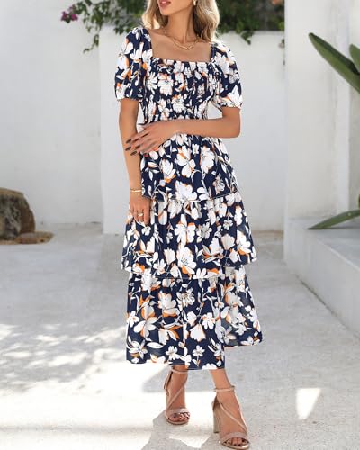 Image of BTFBM Womens Floral Smocked Summer Maxi Dresses | Square Neck Puff Short Sleeve Ruffle Tiered, 2026 Trendy Casual Sundress, Cruise Holiday Beach Vacation Wedding Guest Dress