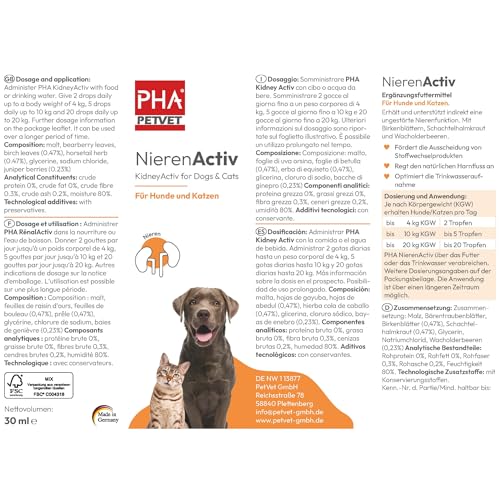 PHA NierenActiv Tropfen für Hunde & Katzen - Pflanzliche Unterstützung zur Vorbeugung von Nierenproblemen, REGT den natürlichen Harnfluss an, mit Birkenblättern, Schachtelhalmkraut & Wacholderbeeren