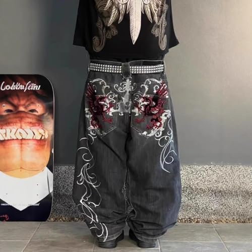 BXCNCKD Unisex Retro Street Trendy Jeans Hiphop Loose Wide Leg Pants Dark Gothic Embroidered Jeans2