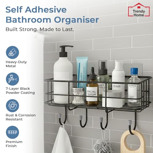 Image of Trendy Home Self Adhesive Bathroom Shelf Organiser, Drill-Free Wall Rack | with Magic Stickers & 4 Hooks, Rust-Proof Storage Shelf for Bathroom, Black