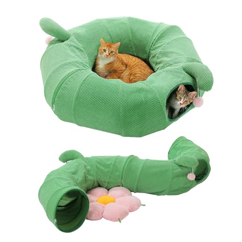 Image of PEQULTI Cat Tunnel with Bed for Indoor Cats, Cat Play Donut Tunnel with Washable Soft Plush Flower Mat, Round Tube Toys Cute Tube for Kittens, Puppies, Rabbits and Ferrets, Green&Pink