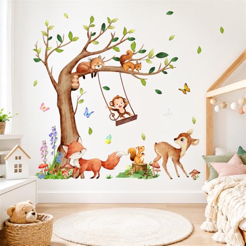 Stickers Muraux Enfant Arbre et Animaux de la Forêt, Autocollants Muraux Aquarelle avec Renard, Cerf, Écureuil et Singe pour Chambre de Bébé, Décoration...