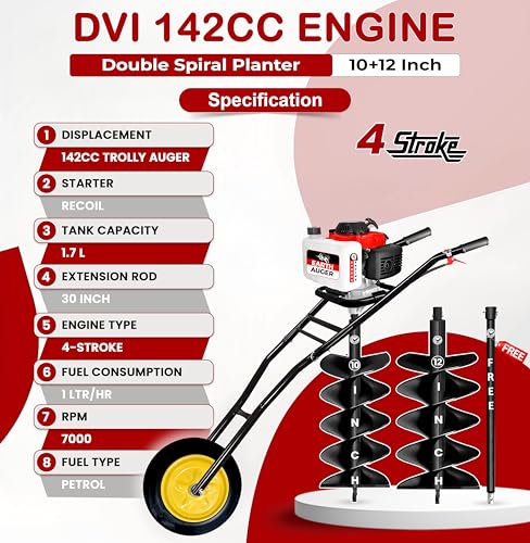 Image of DVI 142CC Trolley Earth Auger Machine, 4-Stroke Petrol Engine - with 10 Inch + 12 Inch Double Spiral Planter Bits & Free Extension Rod | for Plantation, Fencing & Post Hole Digging in All Soil Types.