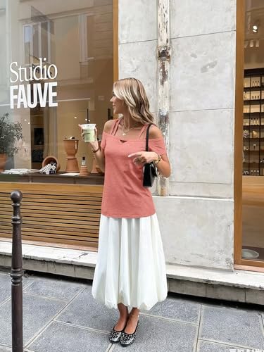 Image of Bliwov Womens Cold Shoulder Tops Short Sleeve Cute Sexy Summer Spring Beach Vacation T Shirts Fashion Outfits Basic Clothes