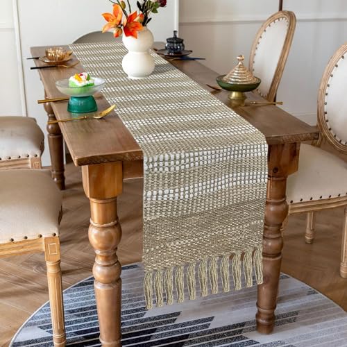Image of Luxe Home Elegant Beige and White Woven Table Runner with Tassels - Mix Cotton Jute 13 x 72 Inch, Stripe - Perfect for Dining Table, Center Table, Decor