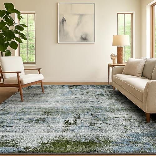SOANNY Living Room Rug, 120x170 cm Modern Abstract Low Pile Area Carpet, Non-Slip Washable Mat for Bedroom, Hallway, Kitchen, Laundry, Entryway, Utility, Beside Sofa, Office, Moss Green
