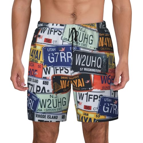 License Plate Print Men'S Bwim Trunks Beach Shorts with Compression Liner, Anti-Chafe, Quick Dry