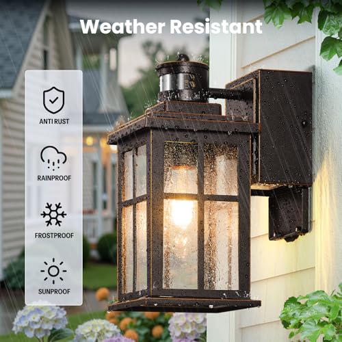 Image of Gleamz Motion Sensor Exterior Lighting Fixtures Wall Mount with Outlet | Multifunctional, Anti-rust Waterproof Front Porch Light, Farmhouse ORB (Gold Trim) Outdoor Wall Sconce for House, Dimmable