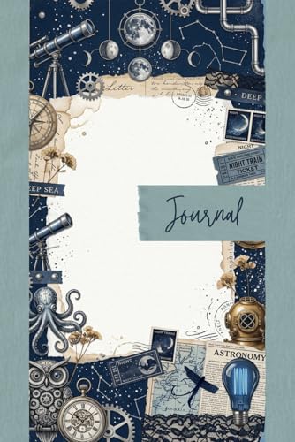 Midnight Blue Steampunk Junk Journal Pages - 6x9 Celestial Industrial Scrapbooking Paper - 100 Decorative Writing Sheets with Moon Phases, Telescopes, Steampunk Owl and Deep Sea Ephemera image 2