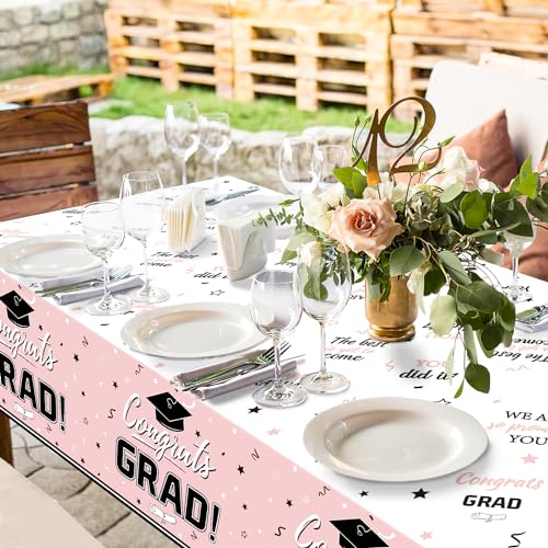 Image of Oigco Graduation Decorations Congrats Grad Graduation Tablecloth for 2026 Graduation Party Supplies, 3 Pcs Pink Plastic Table Cloths, 54 inchx108 inch