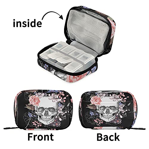 Image of Naanle Watercolor Flower Skull Pill Box 7 Day Pill Case Travel Pill Organizer Bag with Zipper Portable Weekly Case Compact Size for Vitamin Supplement Holder