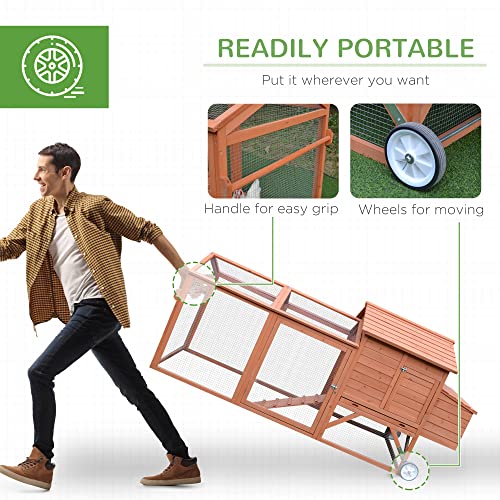 Image of PawHut 96.5 inch Chicken Coop Wooden Hen House Poultry Cage Pen Portable with Wheels and Nesting Box, Chicken Cage for Backyard Outdoor, Natural