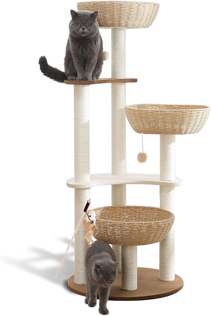 SAPU Modern Cat Tree Tower for Large Cats, 3 Nests Manual Hand Woven Multilevel Huge Paws Pals Tree, Multi-Level Cat Tree,Sisal Luxury Cat Condo with Cushion for Large Cat ,Beige (Cat tree 88)