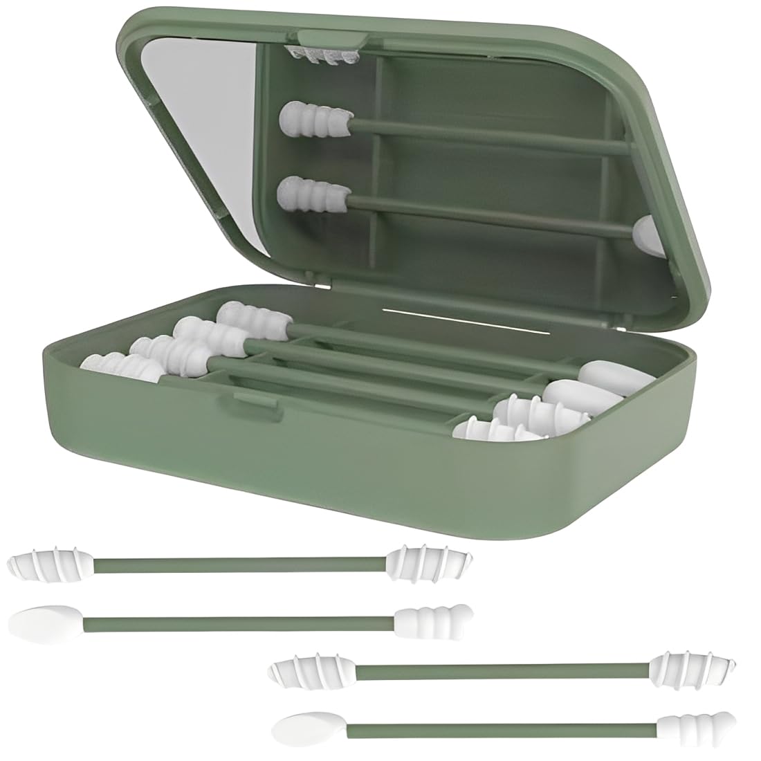 Set di 4 Cotton Fioc Riutilizzabili in Silicone per Pulizia Orecchie Neonati e Adulti, Bastoncini Lavabili per Trucco con Custodia e Specchio