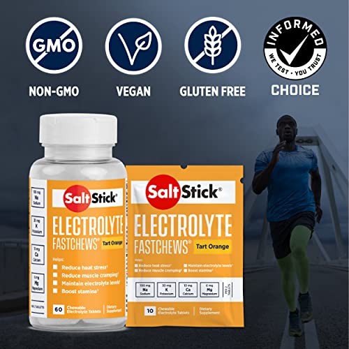 SaltStick FastChews Electrolytes | 60 Chewable Electrolyte Tablets | Salt Tablets for Runners and Endurance Sports Nutrition | Hydration Electrolyte Chews | Vegan | Orange | 60 Tablets