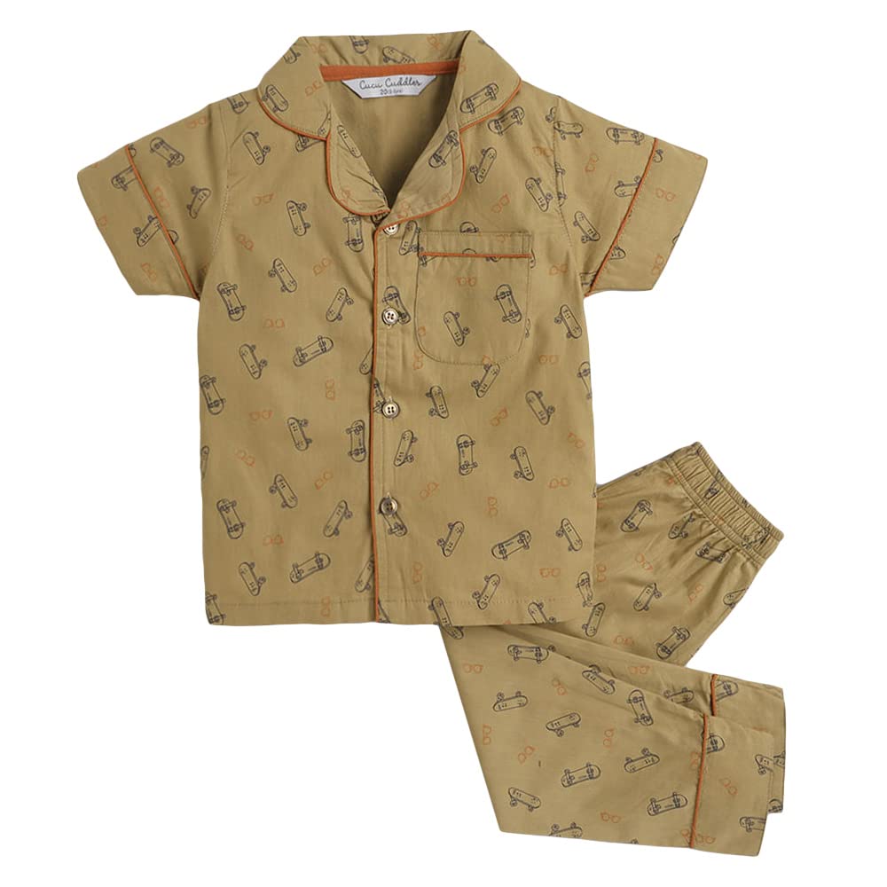 HopscotchBoys Cotton Vehicle Print Shirt and Pyjama Sleepwear Set in Beige Color