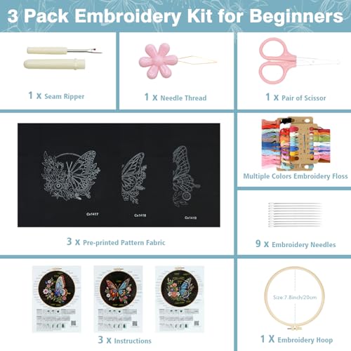 Image of RidaaFri Embroidery Kit for Beginners, 3 Pk Stamped Butterfly DIY Craft Supplies with Hoop, Needles, Floss, Video, Complete Starter Kit for Learning Embroidery, Hobby Gift