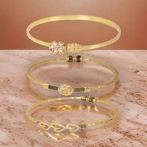 Image of Touchstone Indian Bollywood Handcrafted Engraved Etched Floral Round Rhinestones Cubic Zirconia CZ Designer Jewelry Openable Elegant Gold Plated Bracelets Combos for Women