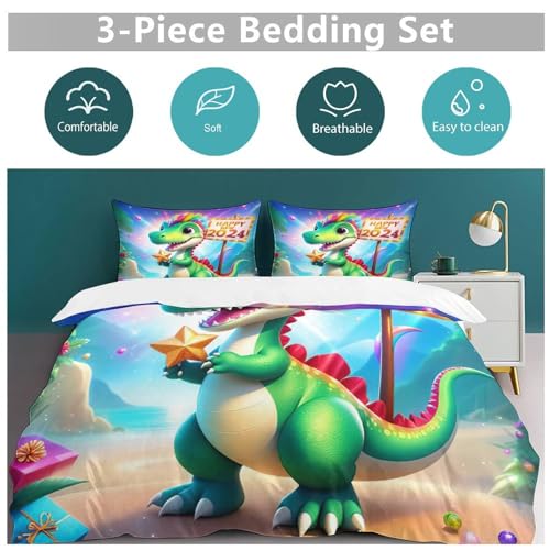 Housse de couette dinosaure parure de lit 3 pièces microfibre douce 220x240cm