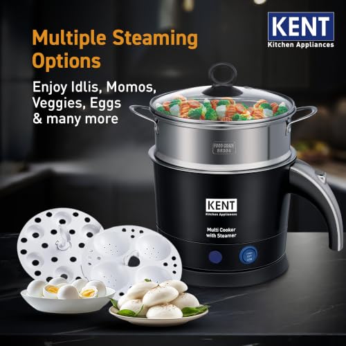 Image of KENT Electric Multicooker /Kettle with Steamer 1.2L 800W | Boiling of Water, Tea,Eggs, Instant Noodle Maker, Steaming idlis, Momos & Vegetables | Inner Stainless Steel & Cool Touch Outer Body | Black