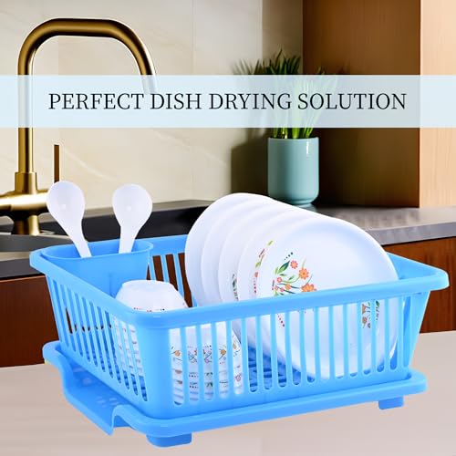Image of Kuber Industries Plastic Sink Dish Drainer Rack | 3 in 1 Large Durable Drainer Drying Rack Washing Basket with Tray | Home & Kitchen Dish Rack Organizers, Utensils Tools Cutlery - Blue
