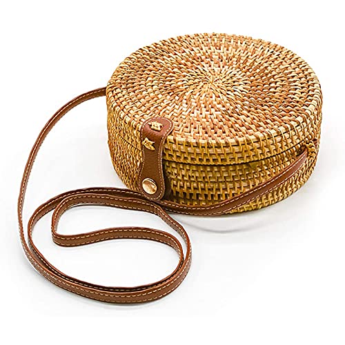 AOLIDA Rattan Bag Handwoven Round Bag Natural Chic Crossbody Handbag Circle Boho Bag for Holiday Dating Beach