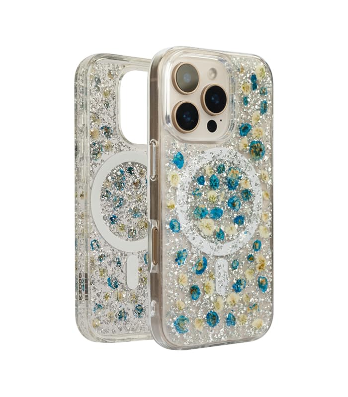 Image of Mag Flower Series Case for iPhone 16 Pro Compatible with Wireless Charging | Real Dried Flower Embedded Design | Slim Transparent Shockproof Back Cover | Blue Edition