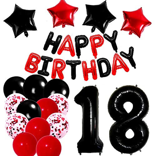 18. Schwarz Rot Geburtstag Deko Luftballons, Schwarz Rot Happy Birthday Luftballon Banner Riesen Zahl 18 Folienballon Schwarz Rot Stern Konfetti Latex Luftballons für Männer Frauen Geburtstagsparty Cover