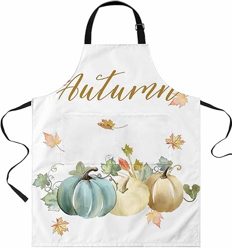 Waterproof Apron with 2 Pockets, Thanksgiving Fall Pumpkin Watercolor Adjustable Man and Women Kitchen Bib Apron for Baking Cooking Restaurant BBQ,