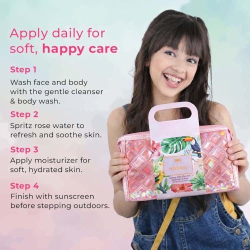 Image of Whimsy Beauty Mini Body Care Love Pouch Kit | Safe Non Toxic Body Care Set for Kids & Pre-Teens | Includes Moisturizer, Body Wash, Cleanser, Rose Water & Sunscreen | Vegan and Cruelty Free (Pack of 5)
