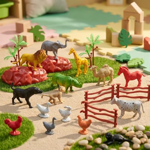 Image of ZESTHOME 25 PCS Animal Play Set| Wild Farm Animal Figures with Fence Trees Rocks | Realistic Educational Toys for Kids | Learning & Play | Gift Set