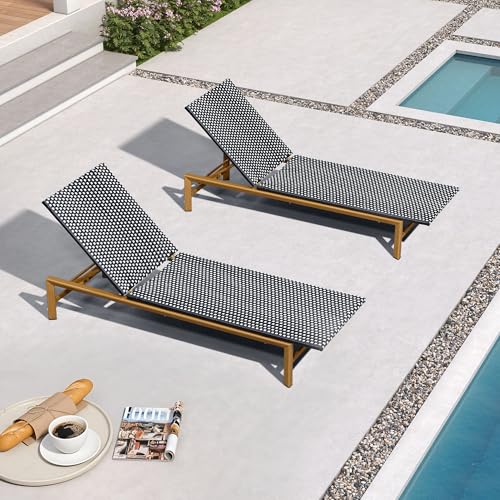 PURPLE LEAF Patio Chaise Lounge French Outdoor Lounger 2 Pieces Wood-Grain Finish Aluminum Wicker Lounge Chair with Adjustable Backrest for Pool Garden Beach and Backyard White and Black
