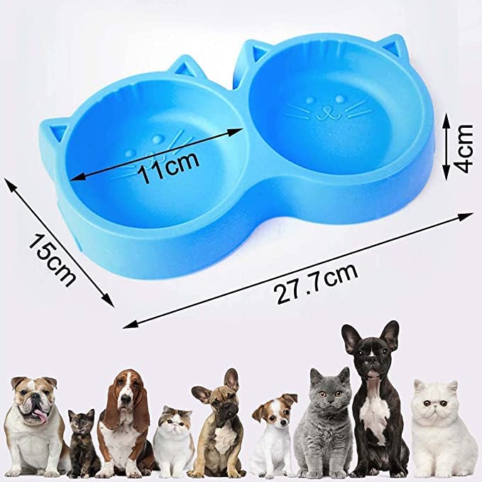 Image of Non-Slip, Non-Toxic Pet Feeding Plastic Cat Face Shaped Double Bowl Food & Water Feeder 2-in-1 Bowl for Dogs and Cats (Color May Vary)