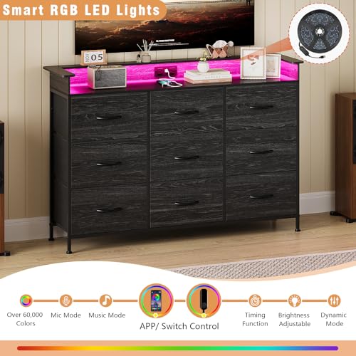 Image of EXOTICA Black Dresser with Charging Station 9 Drawers Dresser with LED Light and USB Ports Fabric Dressers for Bedroom Hallway Entryway Closets Sturdy Steel Frame Wood Top