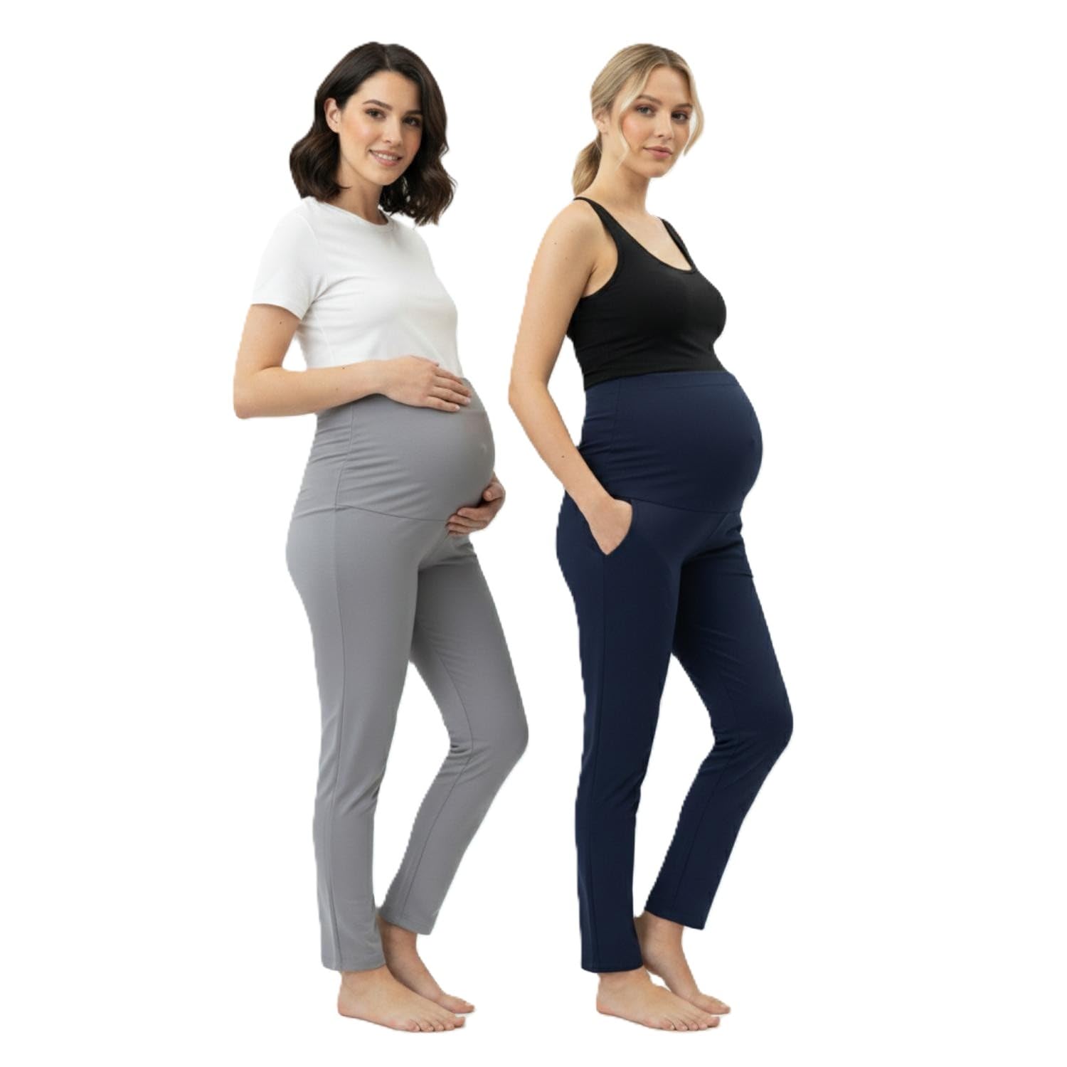 Women Combed Cotton Regular Fit High Rise Maternity Pants -Grey & Navy Blue (Pack of 2)-image-28