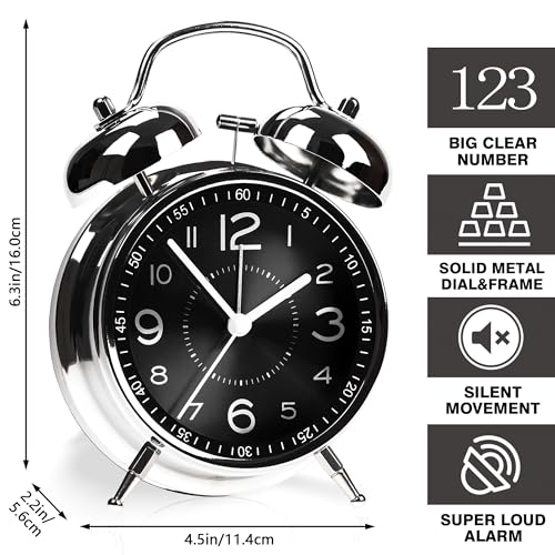 Image of AYRELY Super Loud Alarm Clock for Heavy Sleepers Adults,Twin Bell Retro 4 Inch Silent Non-Ticking Quartz with Backlight, Metal dial, Alarm Clocks for Bedrooms Bedside (Black)