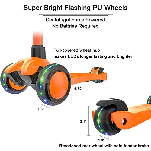 Image of Allek Kick Scooter B03, Lean 'N Glide 3-Wheeled Push Scooter with Extra Wide PU Light-Up Wheels, Any Height Adjustable Handlebar and Strong Thick Deck for Children from 3-12yrs (Orange)