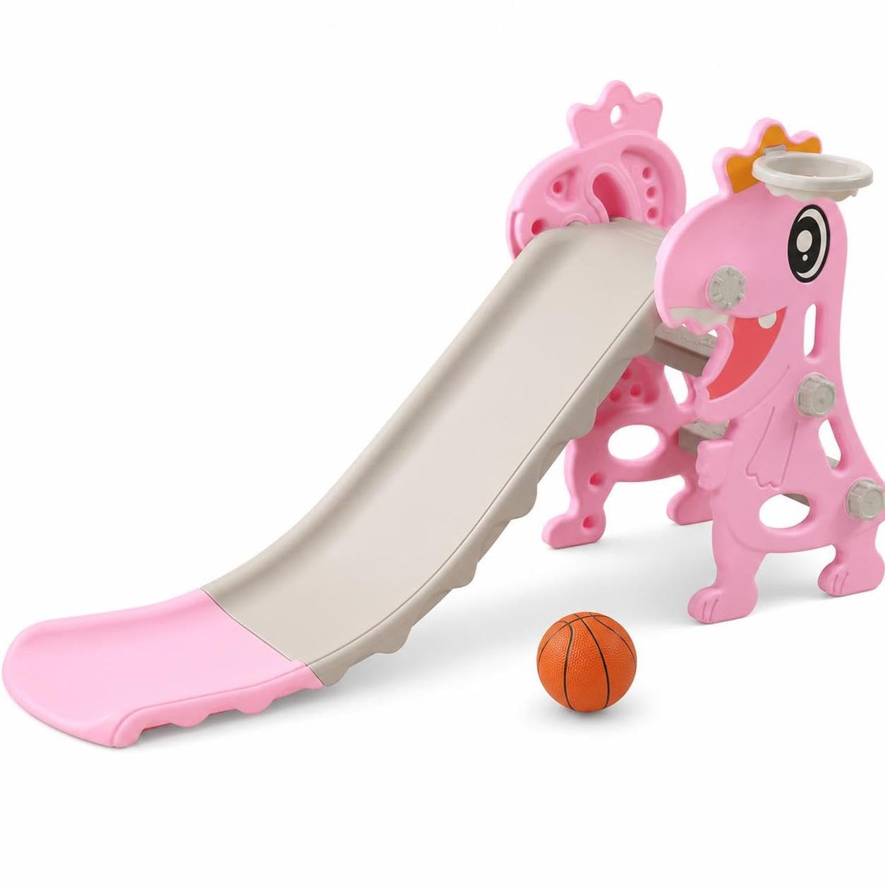 Scivolo per Bambini Pieghevole con da Basket e Palla - Scivolo Dinosauro in Plastica per Bambini 3-6 Anni, Rosa