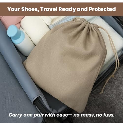 Image of LFH Cotton Rich Shoe Storage Bags with Drawstring, Dustproof Breathable Reusable Organizer, Perfect For Travel, Dorm, Hotel, College, Gym, Easy to Carry, Machine Washable 8 inchx17 inch (Pack of 6) - Chambray