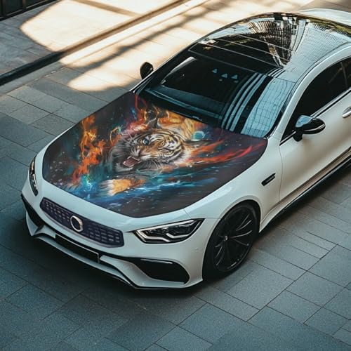 Image of 59x39 Inch Cool Tiger Print Hood Cover for Compact Sedan SUV Trucks Stretchable Car Hood Wrap Blankets Auto Banner Waterproof Auto Exterior Accessories